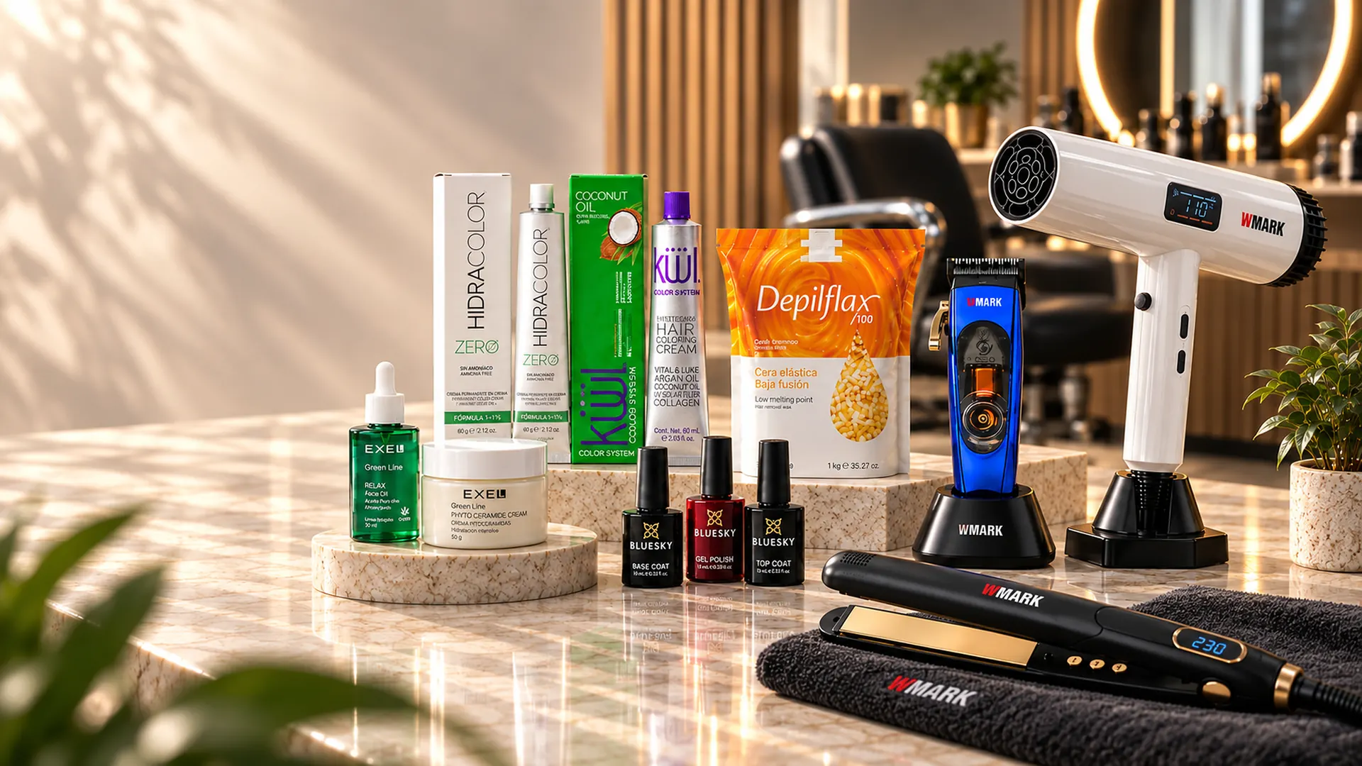 Productos de las marcas que importa Belimport: coloración, cuidado capilar, uñas, depilación y herramientas